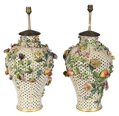 PAIR 19TH CENTURY PIERCED MEISSEN VASES LAMPS - ADDITIONAL PHOTO 2