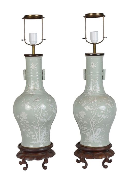 PAIR CHINESE CELADON VASES LAMPS LATE 19TH CENTURY - ADDITIONAL PHOTO 1