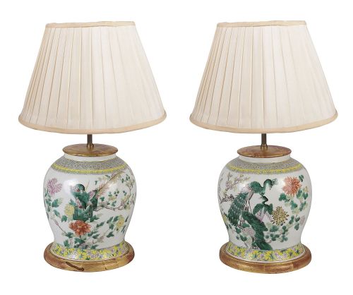 Pair 19th Century Chinese Famille Rose Vases / Lamps.