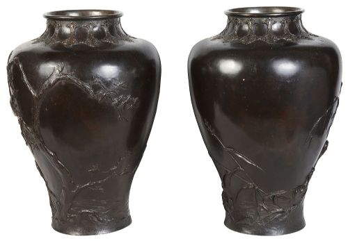 PAIR MEIJI PERIOD JAPANESE BRONZE VASES19TH CENTURY - ADDITIONAL PHOTO 4