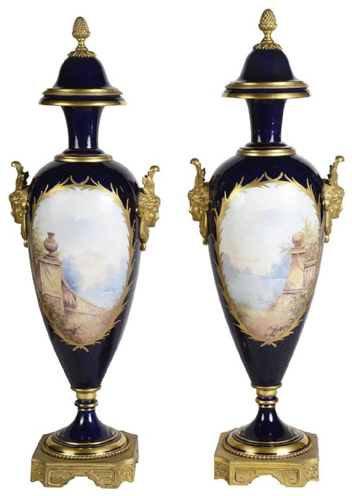 PAIR 19TH CENTURY SERVES STYLE LIDDED VASES - ADDITIONAL PHOTO 1