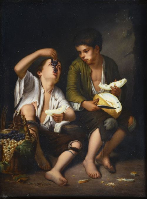 KPM PORCELAIN PLAQUE OF YOUNG BOYS EATING FRUIT CIRCA 1880 - ADDITIONAL PHOTO 1