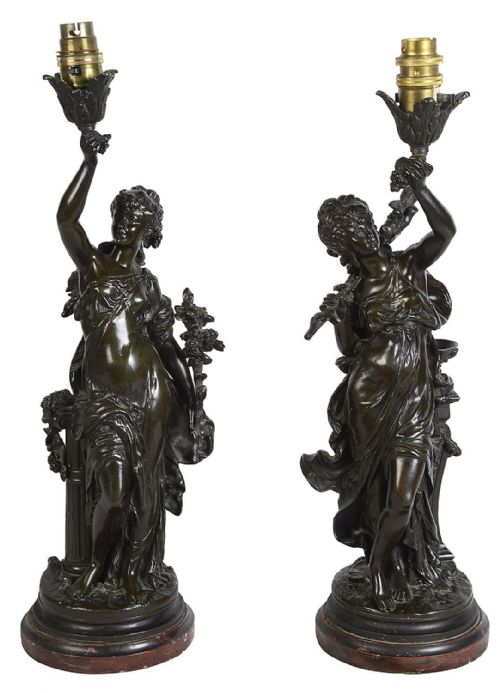 PAIR 19TH CENTURY BRONZE MAIDEN STATUES LAMPS BY H MOREAU - ADDITIONAL PHOTO 1