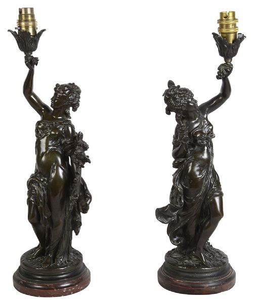 PAIR 19TH CENTURY BRONZE MAIDEN STATUES LAMPS BY H MOREAU - ADDITIONAL PHOTO 4
