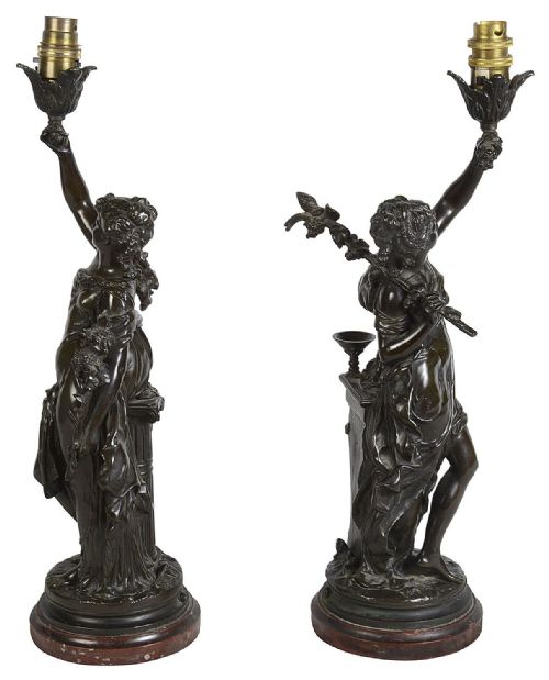 PAIR 19TH CENTURY BRONZE MAIDEN STATUES LAMPS BY H MOREAU - ADDITIONAL PHOTO 5