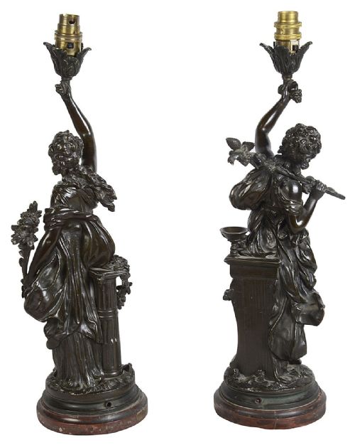 PAIR 19TH CENTURY BRONZE MAIDEN STATUES LAMPS BY H MOREAU - ADDITIONAL PHOTO 6