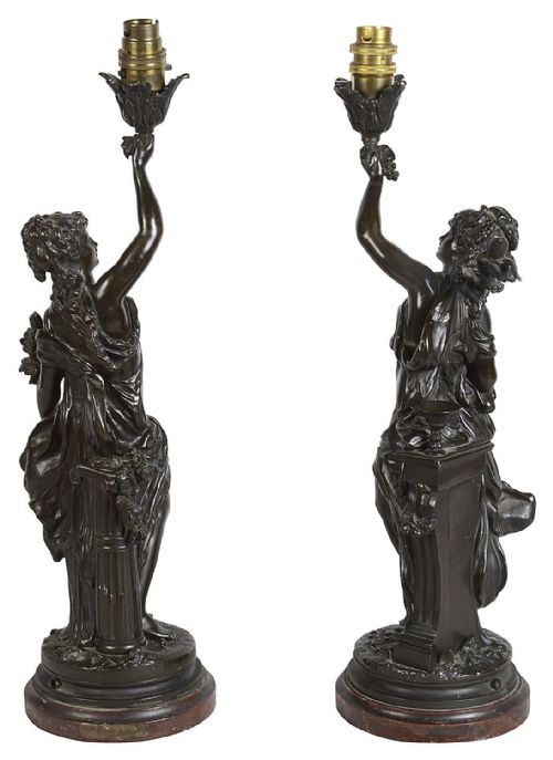 PAIR 19TH CENTURY BRONZE MAIDEN STATUES LAMPS BY H MOREAU - ADDITIONAL PHOTO 7