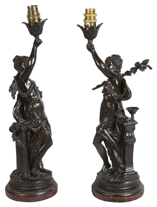 PAIR 19TH CENTURY BRONZE MAIDEN STATUES LAMPS BY H MOREAU - ADDITIONAL PHOTO 9