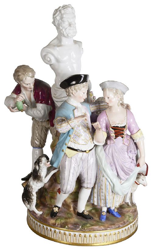 MEISSEN GROUP A COURTING COUPLE WITH CLASSICAL BUST BEHIND