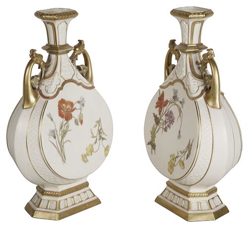 PAIR LATE 19TH CENTURY ROYAL WORCESTER TWO HANDLE VASES - ADDITIONAL PHOTO 4