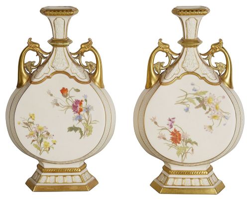 PAIR LATE 19TH CENTURY ROYAL WORCESTER TWO HANDLE VASES - ADDITIONAL PHOTO 5