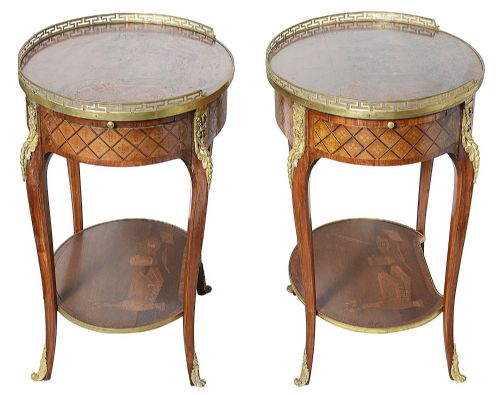 PAIR LOUS XVI STYLE MARQUETRY SIDE TABLES AFTER CHARLES TOPINO - ADDITIONAL PHOTO 4