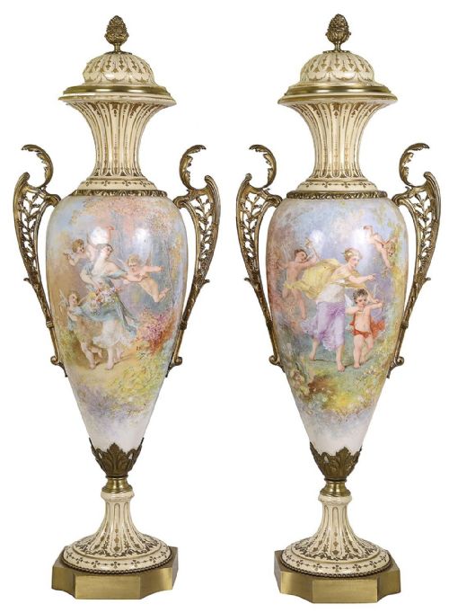 PAIR TALL SEVRES STYLE LIDDED VASES CIRCA 1890 102CM HIGH