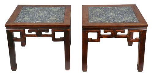 PAIR 19TH CENTURY CHINESE STANDS WITH INSET PORCELAIN PANELS - ADDITIONAL PHOTO 1
