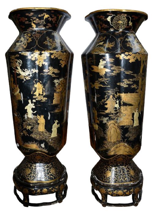 MONUMENTAL PAIR CHINESE EXPORT CHINOISERIE LACQUER TEMPLE VASES 86 - ADDITIONAL PHOTO 10