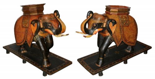 RARE PAIR OF 19TH CENTURY KASHMIRI CARVED WOOD LACQUER ELEPHANTS 99CM HIGH