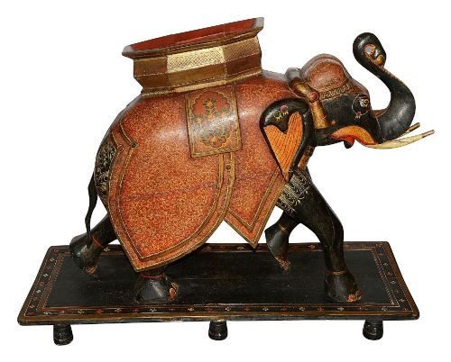 RARE PAIR OF 19TH CENTURY KASHMIRI CARVED WOOD LACQUER ELEPHANTS 99CM HIGH - ADDITIONAL PHOTO 1