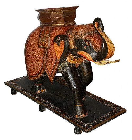 RARE PAIR OF 19TH CENTURY KASHMIRI CARVED WOOD LACQUER ELEPHANTS 99CM HIGH - ADDITIONAL PHOTO 2