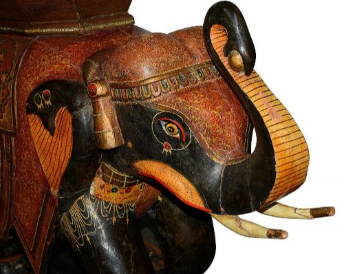 RARE PAIR OF 19TH CENTURY KASHMIRI CARVED WOOD LACQUER ELEPHANTS 99CM HIGH - ADDITIONAL PHOTO 3