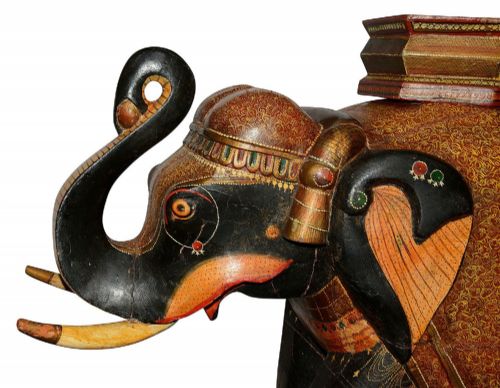 RARE PAIR OF 19TH CENTURY KASHMIRI CARVED WOOD LACQUER ELEPHANTS 99CM HIGH - ADDITIONAL PHOTO 8