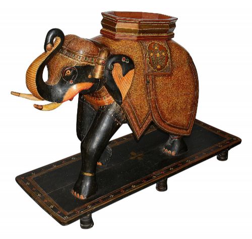 RARE PAIR OF 19TH CENTURY KASHMIRI CARVED WOOD LACQUER ELEPHANTS 99CM HIGH - ADDITIONAL PHOTO 10