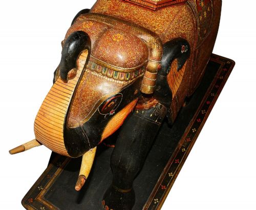 RARE PAIR OF 19TH CENTURY KASHMIRI CARVED WOOD LACQUER ELEPHANTS 99CM HIGH - ADDITIONAL PHOTO 12