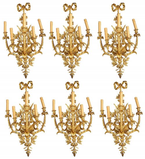 MAGNIFICENT SET OF SIX LOUIS XVI STYLE GILDED ORMOLU WALL SCONCES