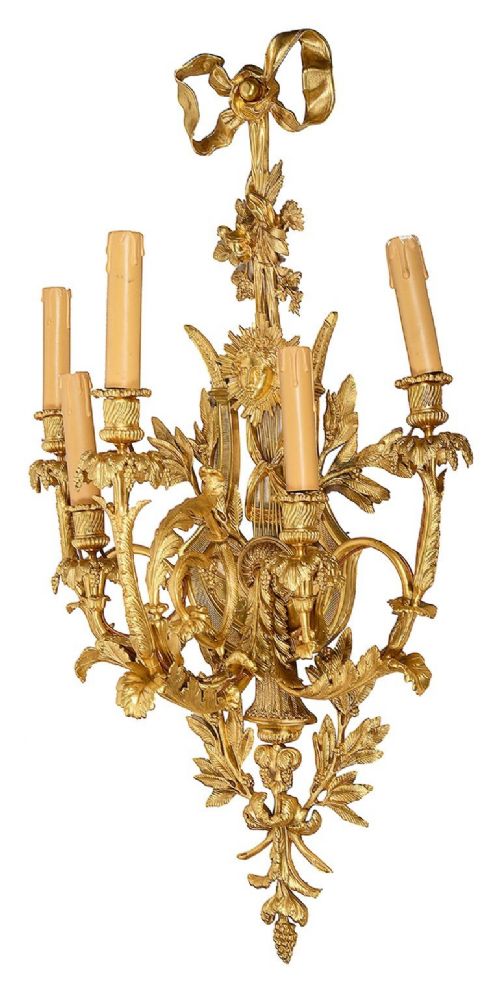 MAGNIFICENT SET OF SIX LOUIS XVI STYLE GILDED ORMOLU WALL SCONCES - ADDITIONAL PHOTO 1