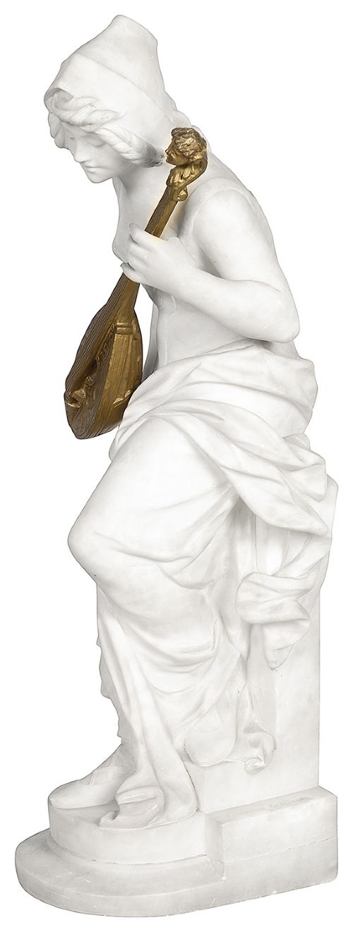 A carved white marble statue of a seated draped female musician playing a gilded lute on an integrated marble base. View III
