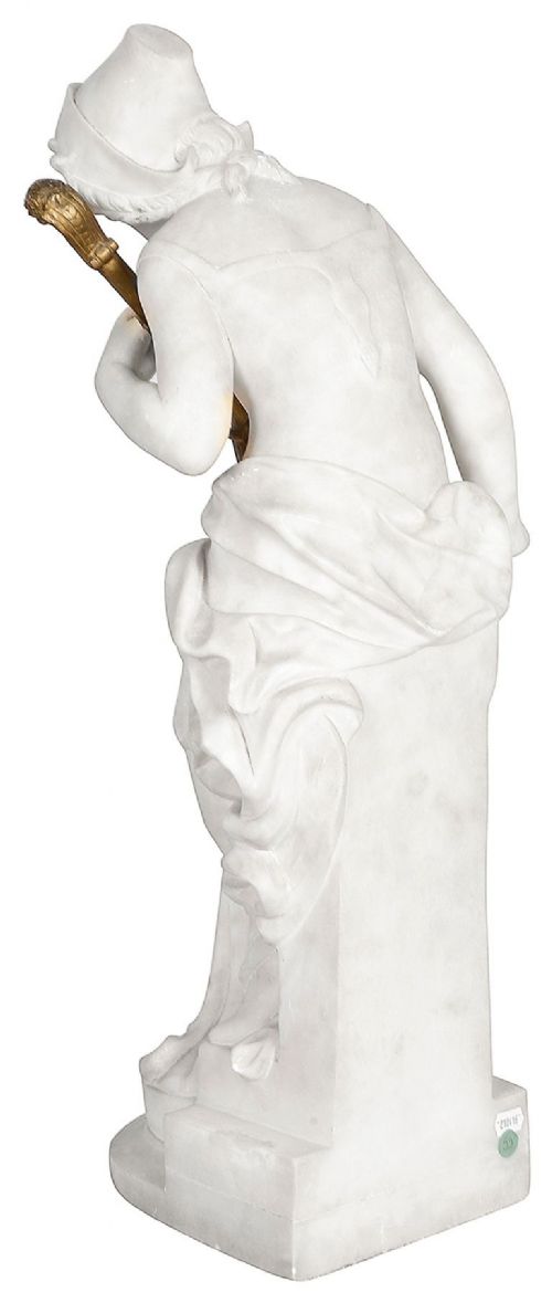 A carved white marble statue of a seated draped female musician playing a gilded lute on an integrated marble base. View V