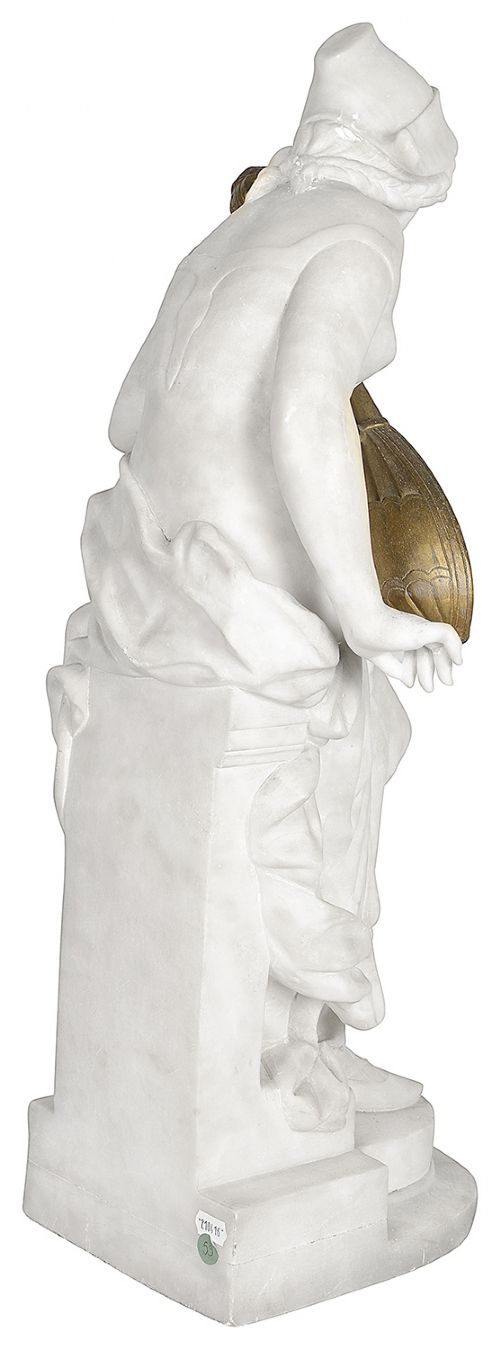 A carved white marble statue of a seated draped female musician playing a gilded lute on an integrated marble base. View VI
