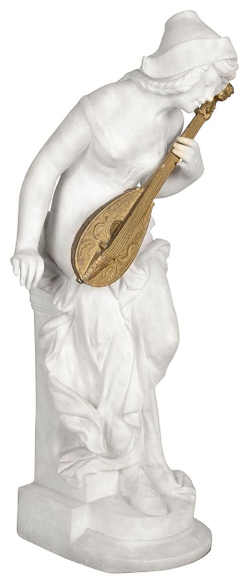 A carved white marble statue of a seated draped female musician playing a gilded lute on an integrated marble base. View VII