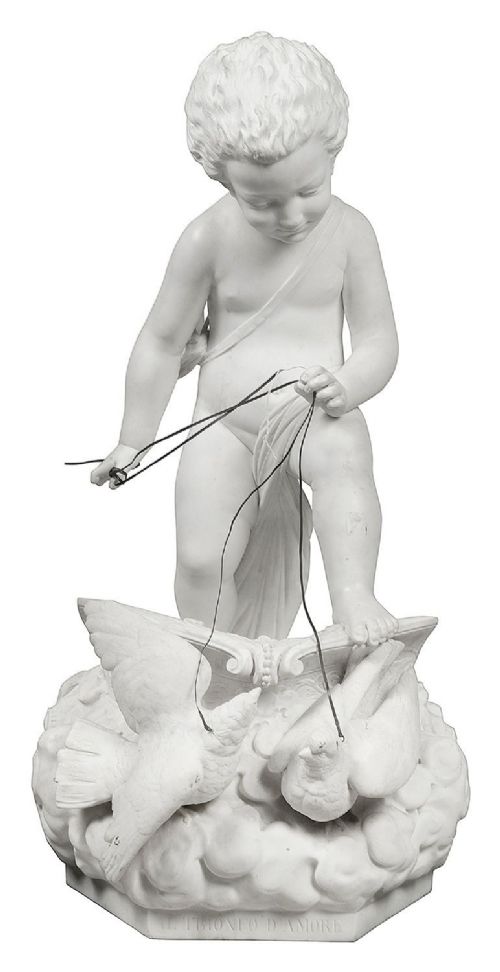 A 19th-century white carved marble sculpture depicting a child figure standing on a shell-shaped chariot pulled by a bird over clouds. View III
