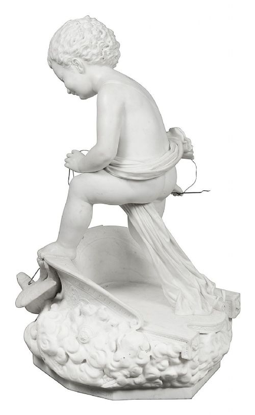A 19th-century white carved marble sculpture depicting a child figure standing on a shell-shaped chariot pulled by a bird over clouds. View IV
