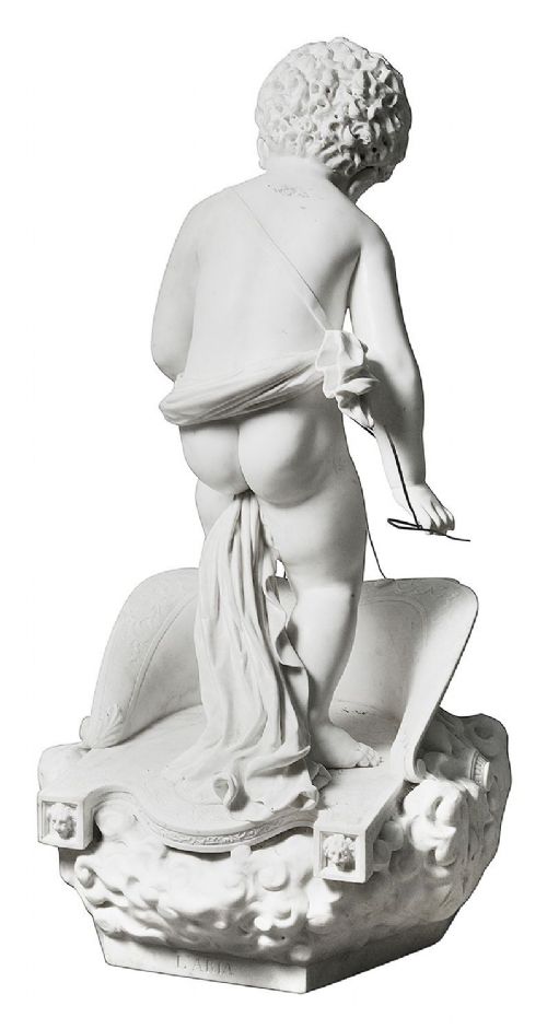A 19th-century white carved marble sculpture depicting a child figure standing on a shell-shaped chariot pulled by a bird over clouds. View V