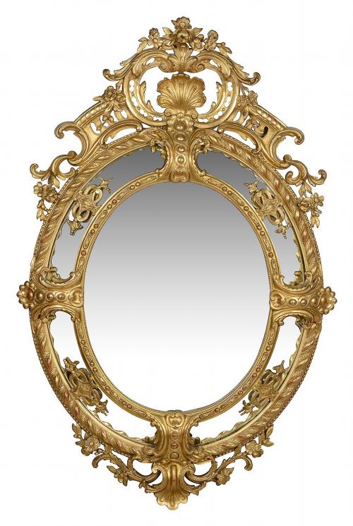 STRIKING LARGE 19TH CENTURY GILT WOOD GESSO OVAL WALL MIRROR