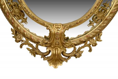 STRIKING LARGE 19TH CENTURY GILT WOOD GESSO OVAL WALL MIRROR - ADDITIONAL PHOTO 5
