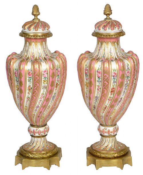 PAIR C19TH PINK SEVRES STYLE LIDDED VASES