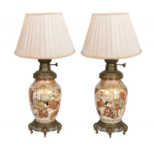 PAIR SATSUMA LAMPS C19TH