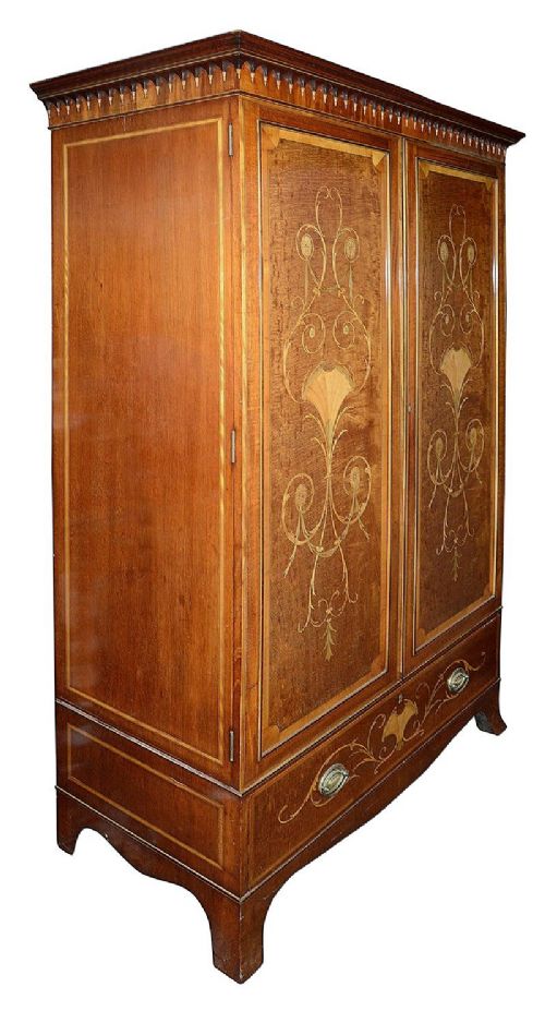 FINE QUALITY EDWARDIAN MAHOGANY INLAID TWO DOOR WARDROBE - ADDITIONAL PHOTO 1