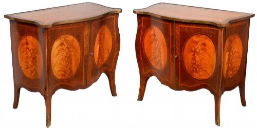 PAIR SHERATON REVIVAL SERPENTINE COMMODES CIRCA 1920