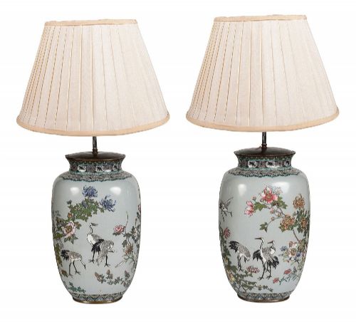 FINE QUALITY PAIR OF JAPANESE CLOISONN ENAMEL VASES LAMPS 1890