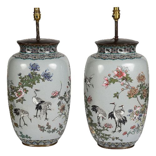 FINE QUALITY PAIR OF JAPANESE CLOISONN ENAMEL VASES LAMPS 1890 - ADDITIONAL PHOTO 1