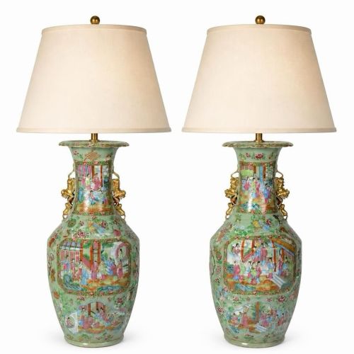 PAIR C19TH ROSE MEDALLION VASES LAMPS