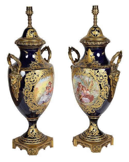 PAIR 19TH CENTURY FRENCH SEVRES STYLE PORCELAIN LAMPS - ADDITIONAL PHOTO 7