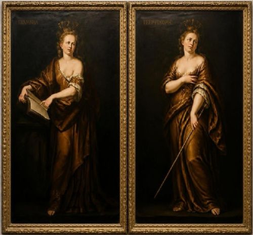 Specatular Pair C18th Oil on Canvas Painting of Cumaean + Persian Sibyls. 182cm High