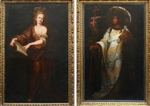 Specatular Pair C18th Oil on Canvas Painting of Cumaean + Delphic Sibyls. 182cm High