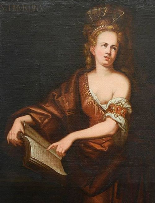 fig 3. A pair of full-length 18th-century oil paintings depicting classical female figures in draped ochre gowns within matching carved gilt frames.