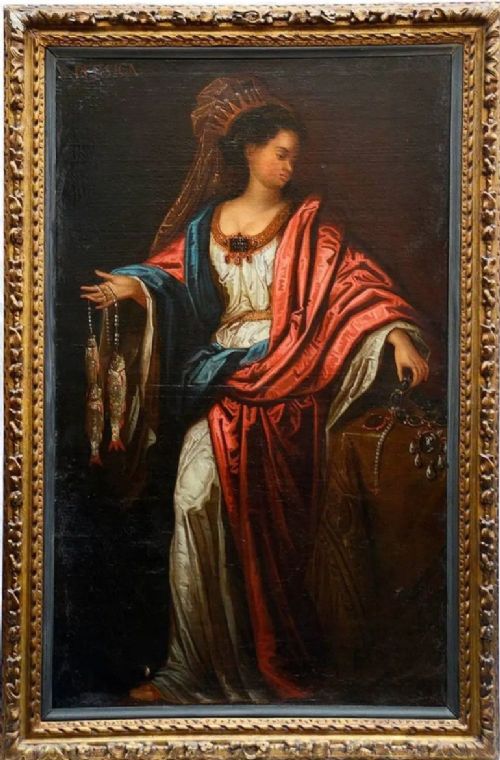 fig 1. A pair of eighteenth-century oil paintings depicting the Cumaean and Delphic Sibyls wearing classical drapery, set within carved giltwood frames.