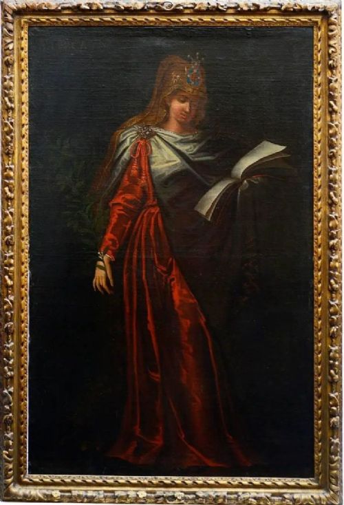 A pair of eighteenth-century oil paintings depicting the Cumaean and Delphic Sibyls wearing classical drapery, set within carved giltwood frames. View III